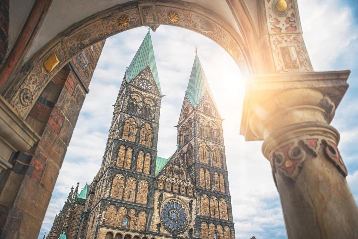 a view of a cathedral from an archway