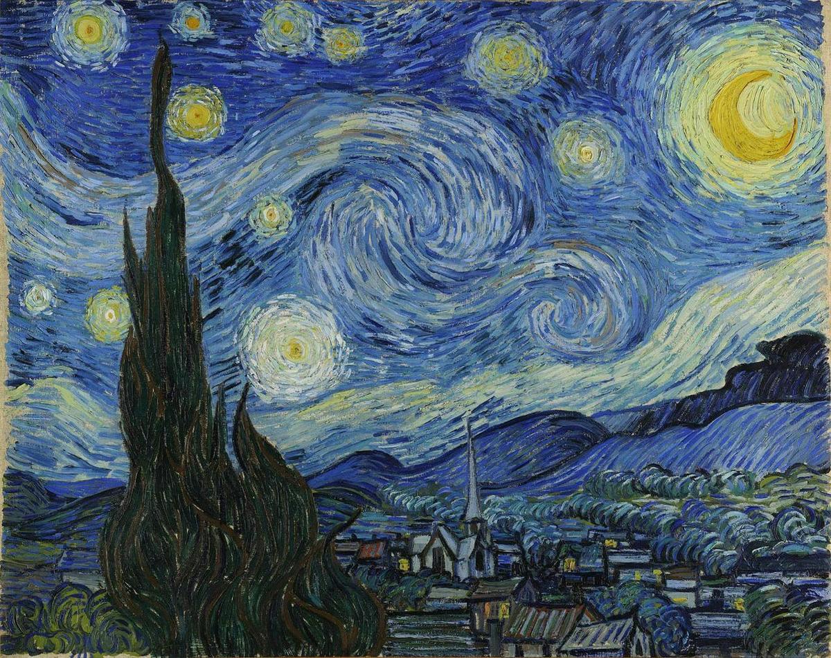 一幅星空与树的画