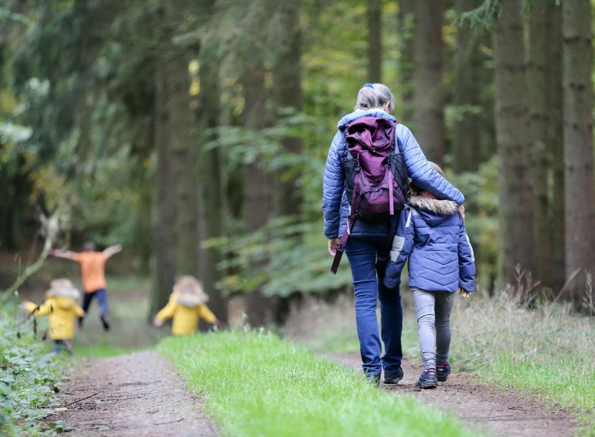 a woman and child walking down a path in the woods