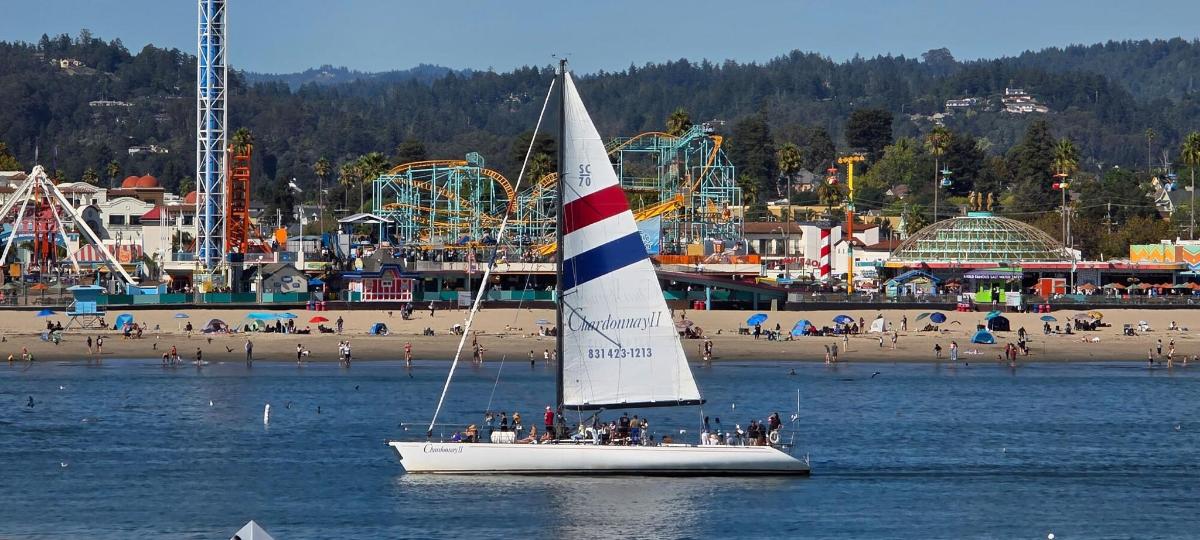 a sail boat in the water near a beach
