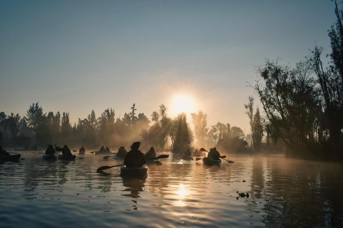 a group of people in kayaks on a river