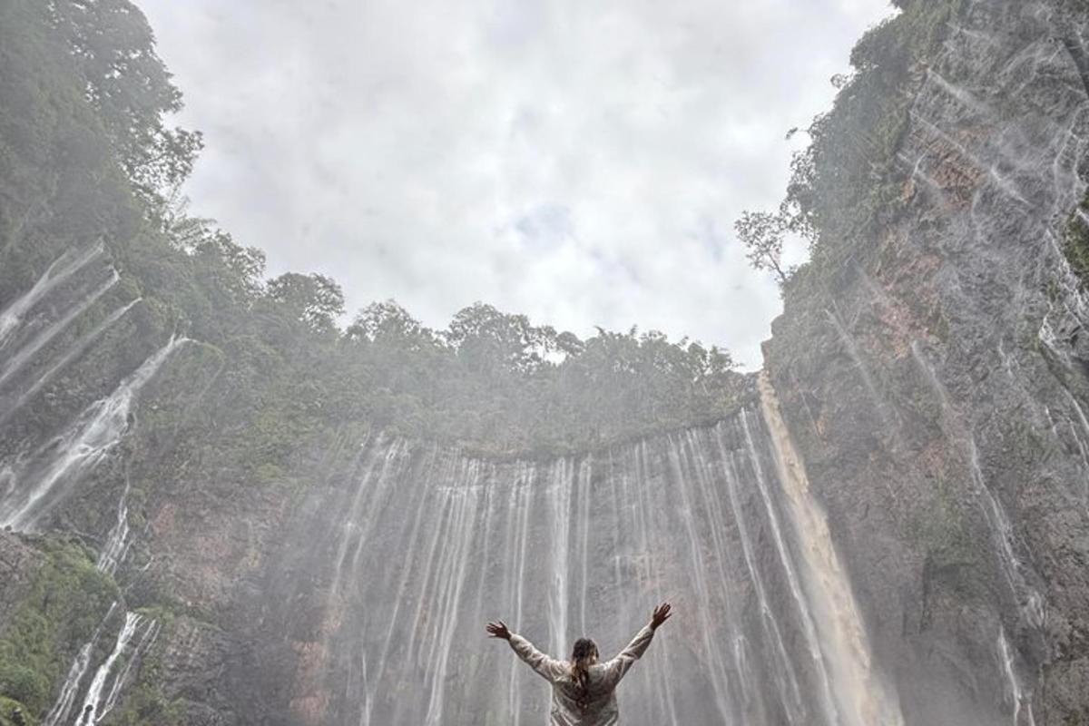 a person standing in front of a waterfall