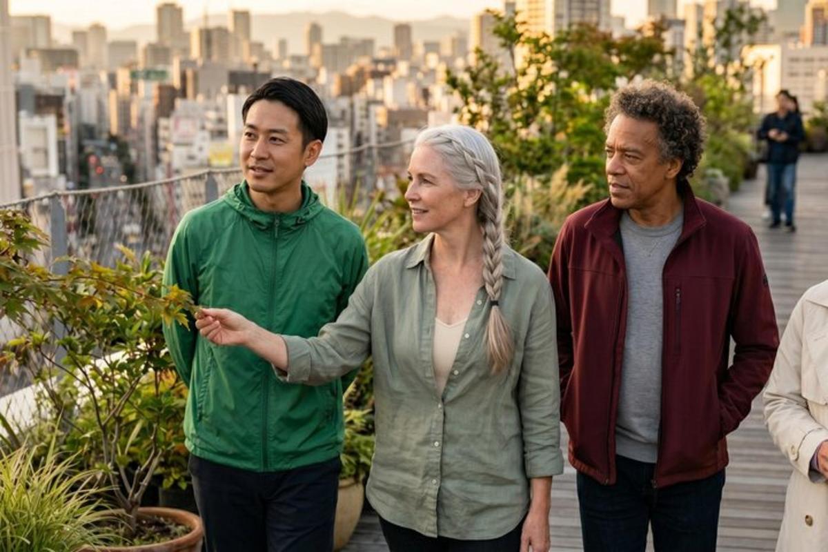 a group of people looking at a plant