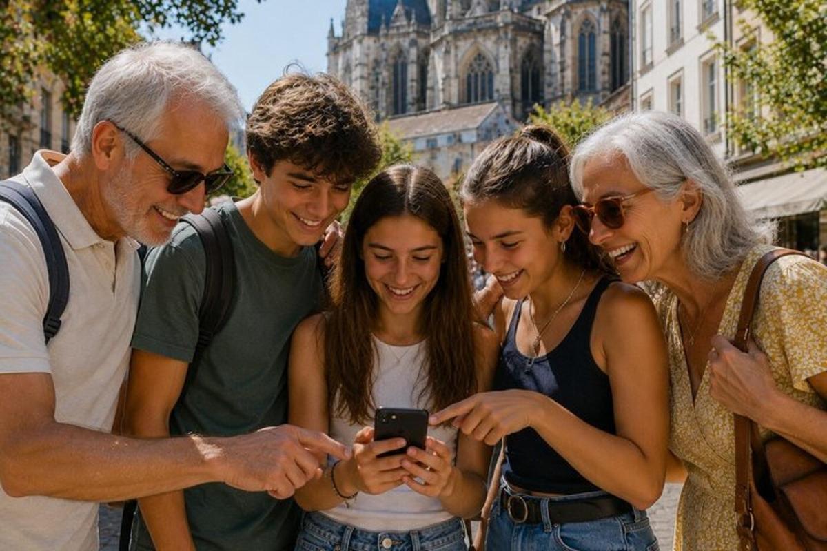 a group of people looking at a cell phone