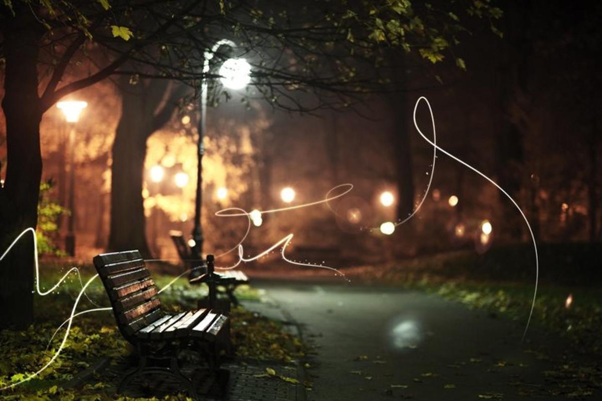 a park bench in a park at night with lights