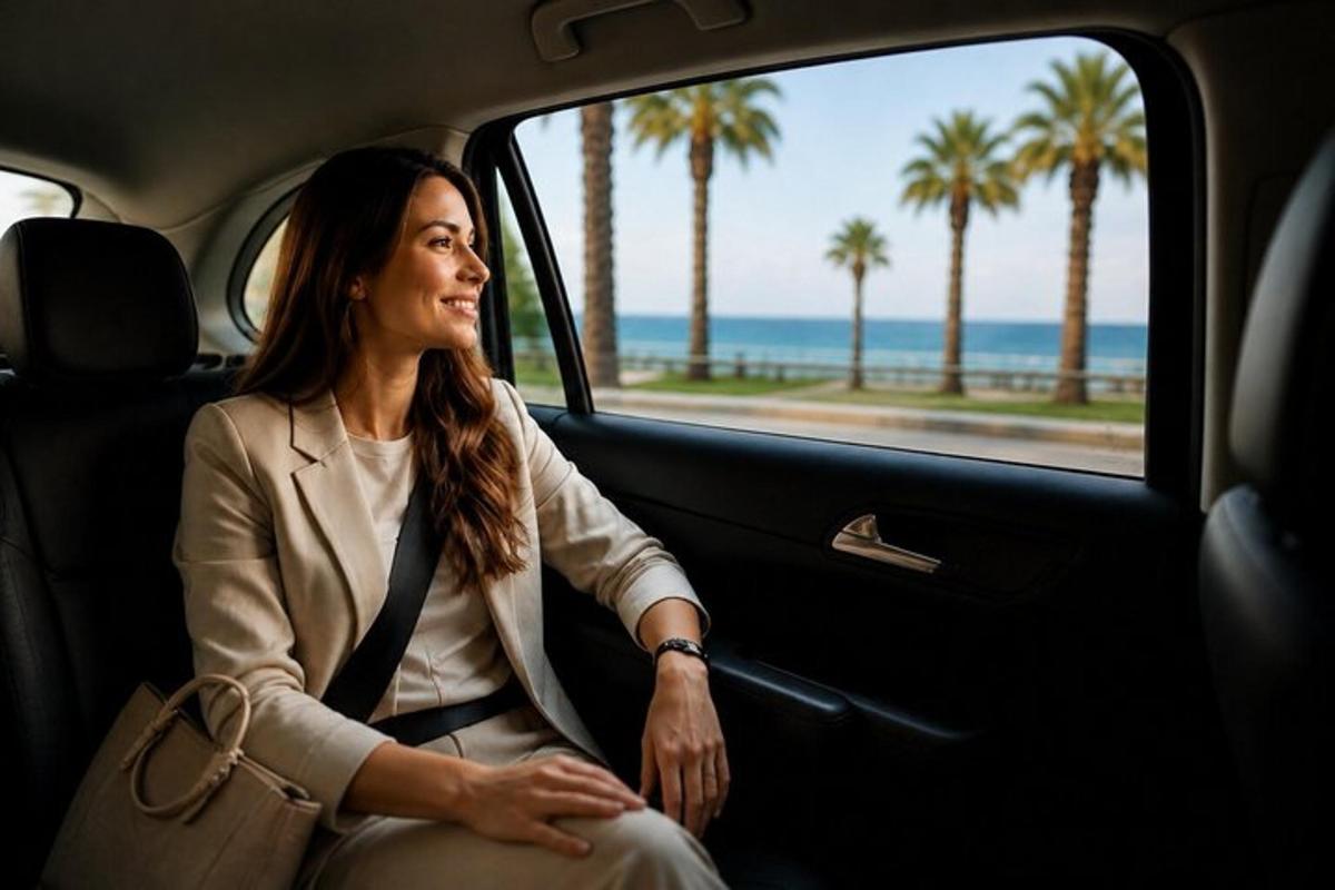 a woman sitting in a car looking out the window at the beach