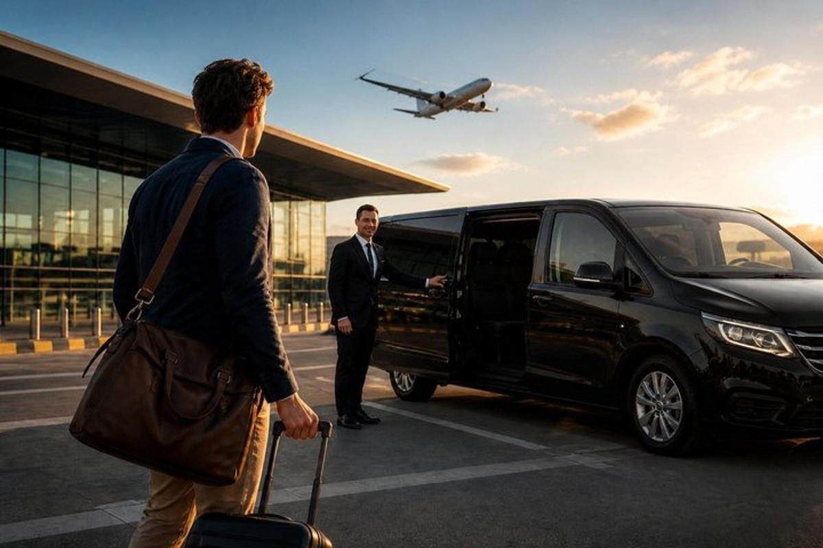 two men are getting into a black van with an airplane