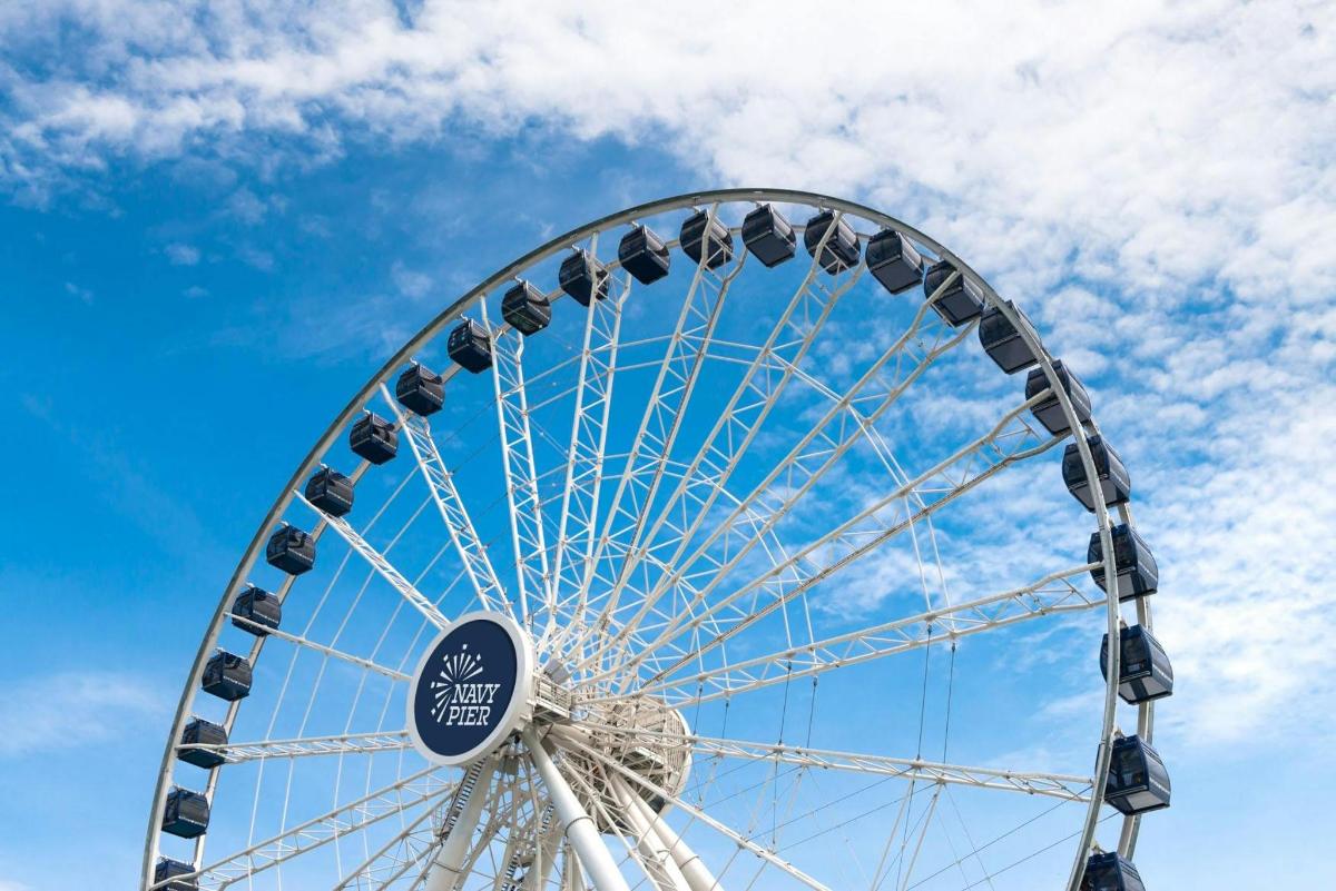a large ferris wheel against a blue sky