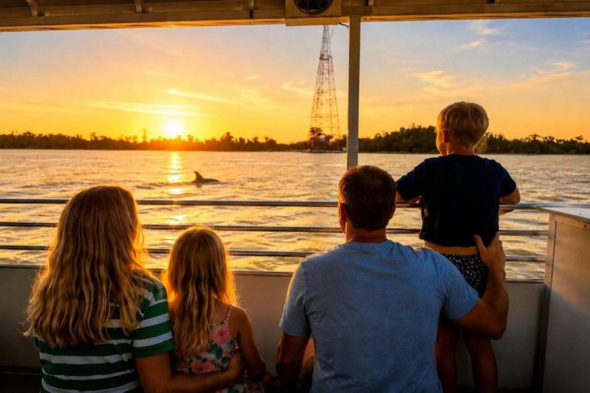 a group of people sitting on a boat watching the sunset