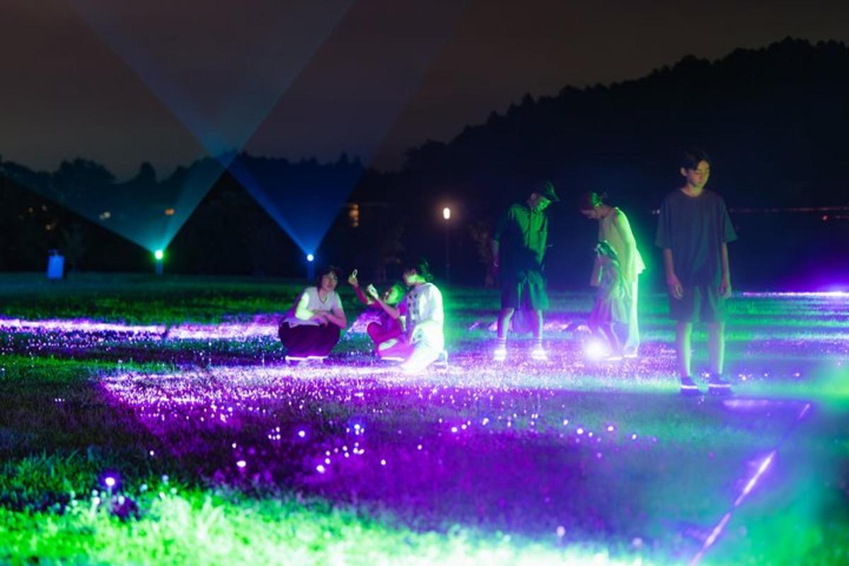 a group of people standing in a field at night