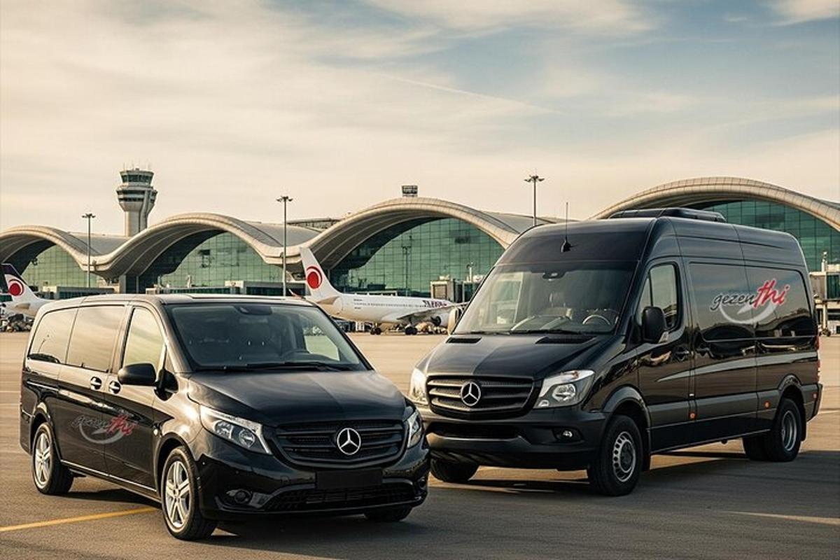 two vans parked in a parking lot at an airport