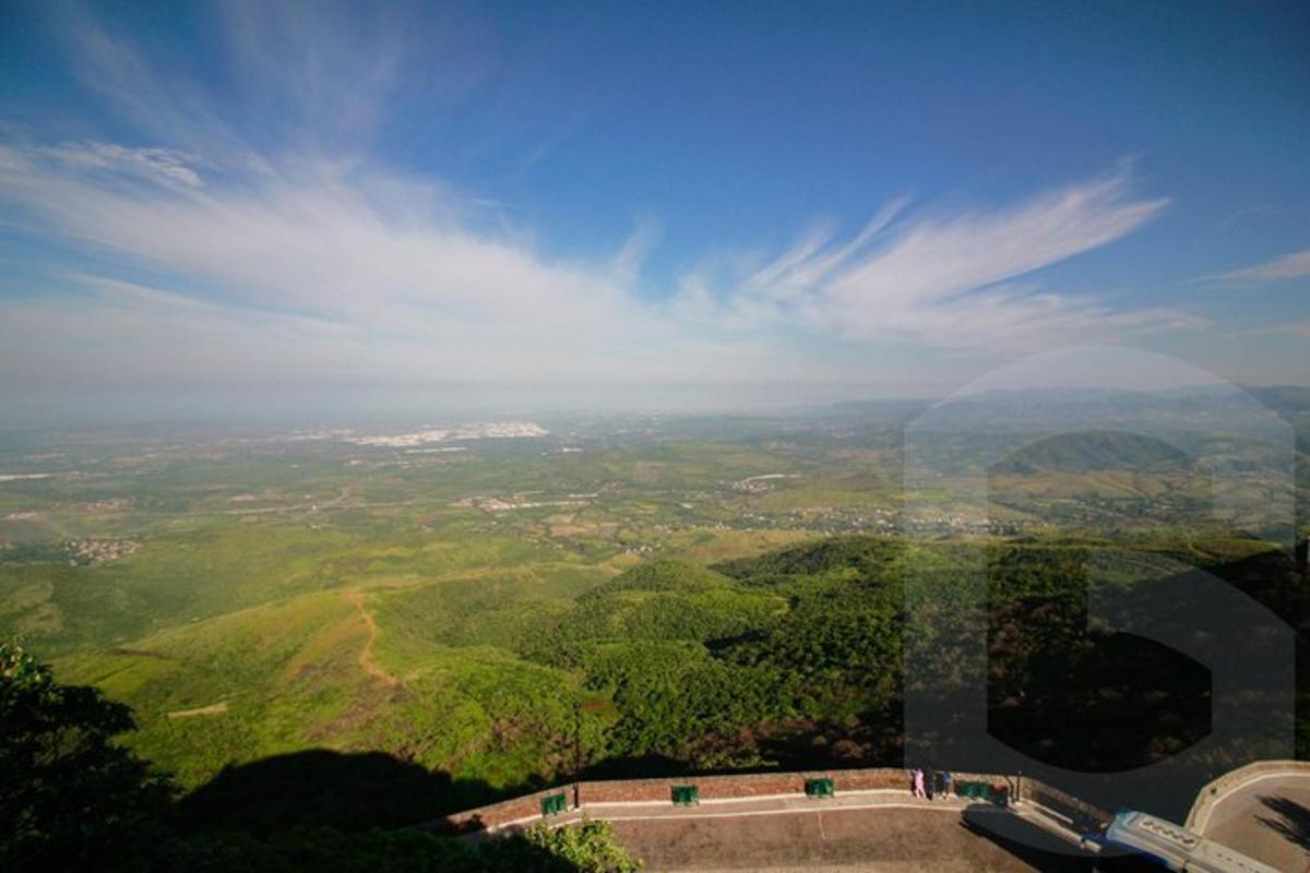 an aerial view of a valley with trees and a sky