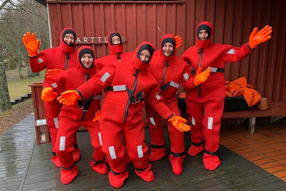 a group of people dressed up in red suits